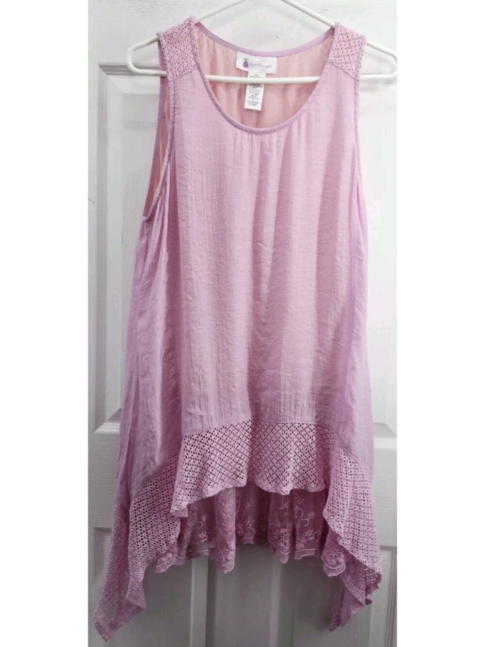 Pink Pineapple gauzy pink layered tank xl lacy hem